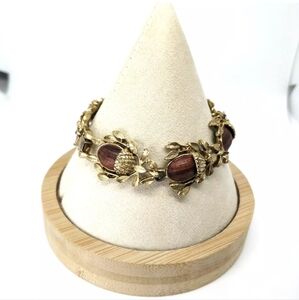 Vintage Acorn Bracelet Gold Tone Oat Tree Fall Autumn 7" Wood Like Thermoset